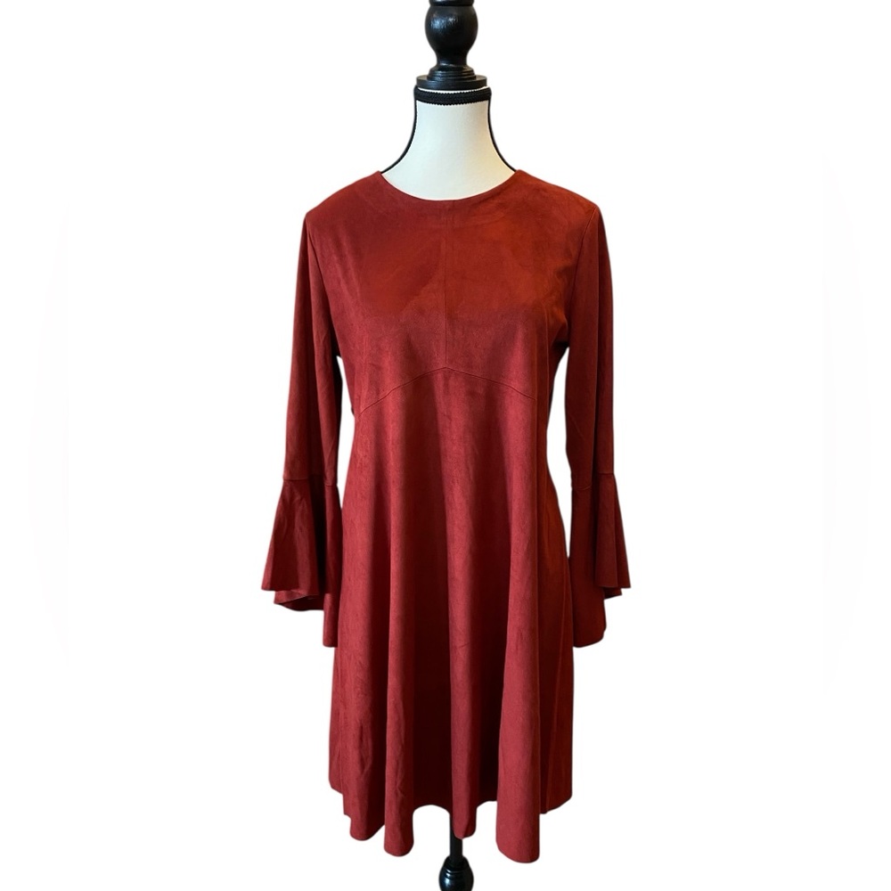 Mango Rich Red Deep Teracotta Faux Suede Dress size L #WeddingGuest #Feminine